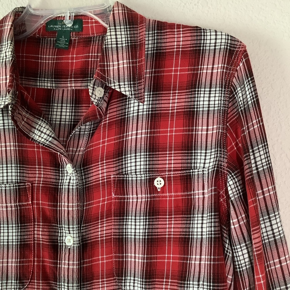 LAUREN RL Cotton Button Up Shirt L Plaid Lightweight Preppy Equestrian Spring - Picture 3 of 12